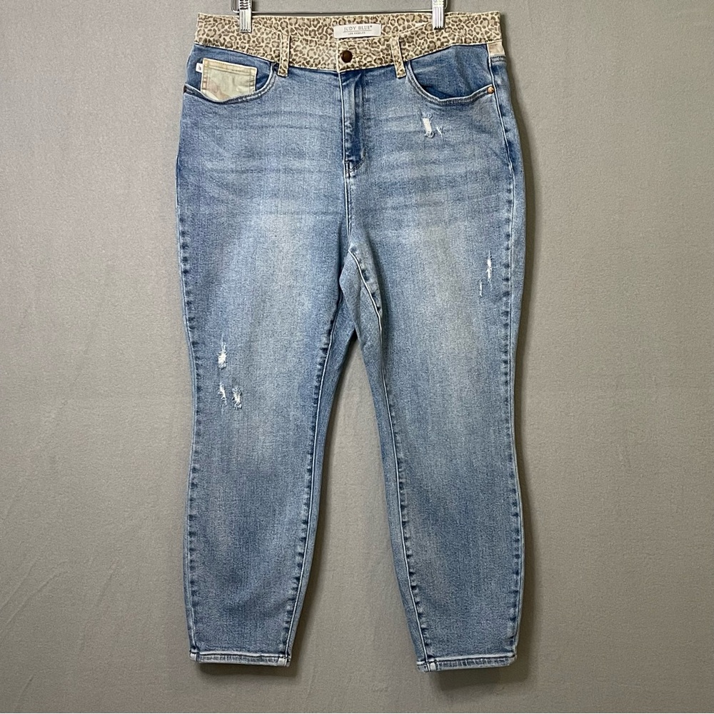 Judy Blue Leopard Waistband Skinny Jeans 16W Distressed Stretch Denim